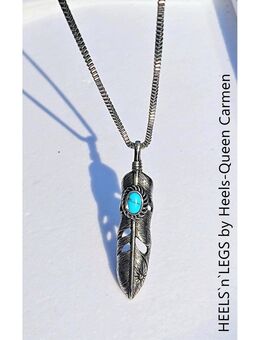 Western / Indianer Schmuck - Edelstahl Kette + Anhänger "Feder türkis blau" - Bruchköbel