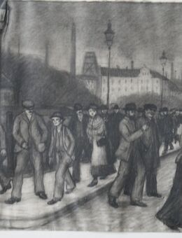 Bleistiftzeichnung : Fabrik , Schichtende , Arbeiter , Menschen , Monogramm B.M. , datiert 1911 , Blatt 20cm x 17cm , Blatt auf Unterlage montiert ,K329 - Görlitz