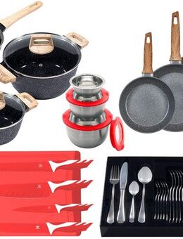 KING Topf-Set »ESSENTIAL« Aluminium, Induktion, Antihaftbeschichtung, Aluminiumguss (Set, 51-tlg., 2 Töpfe, 1 Stieltopf, 3 Glasdeckel, 1 Besteck-Set + Etui), 3 Pfannen, 4 Küchenmesser, 1 Schneidebrett, 3 Vorratsdosen mit Deckel