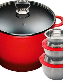 KING Kochtopf XXL, Ø 24 cm, Aluminiumguss (Set, 8-tlg., 3 Schüsseln mit Deckeln: Ø17.5 Ø14.5 Ø12cm, 7 Liter XXL Kochtopf), Induktion, mit Glasdeckel, langlebige Antihaft-Keramikbeschichtung