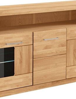Home affaire Sideboard Ribe,130cm breit,Fronten Massivholz,2Türen mit gehärtetem Glaseinsatz, Korpus aus Holzwerkstoff, Metall Griffe,7 Fächer, Böden versetzbar