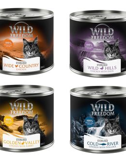 Wild Freedom Adult Sterilised 24 x 200 g - getreidefreie Rezeptur - Mixpaket (Huhn pur, Huhn & Sterilised, Huhn & Kaninchen)