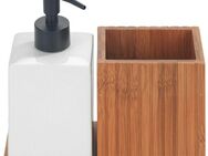 WENKO Spülmittelspender Modell Mera, mit Utensilienhalter, Keramik & geräucherter Bambus, Landhaus-Stil