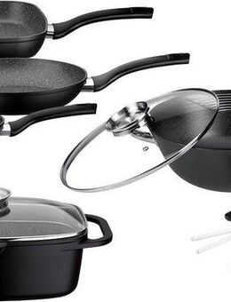 GSW Topf-Set Gourmet Granit, Aluminiumguss (Set, 7-tlg., 3 Pfannen, 1 Bräter, 1 Multi-Wok, 1 Kochzange, 1 Pfannenwender), Induktion