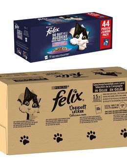 Jumbopack Felix + 44 x 85 g Pouches gratis! - 120 x 85 g "So gut wie es aussieht" Doppelt lecker + 44 x 85 g Huhn, Rind, Thunfisch, Lachs
