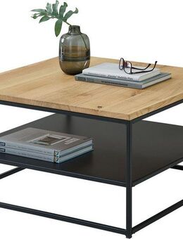 Stolkom Sp.z.o.o. Couchtisch Tilda Wohnzimmertisch Massivholz im Industrial Style BxHxT 75x40x75 cm, Eiche Massivholz geölt, Metallablage in schwarz