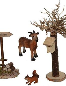 Alfred Kolbe Krippen-Zubehör Weihnachtsdeko (Set, 4tlg), Bethlehemschild, Baum mit Vogelhaus, inkl. Ziege und Eichhörnchen