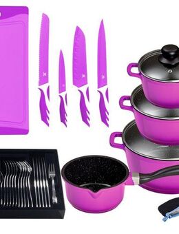 KING Topf-Set »ALUGUSS« Aluminiumguss, Induktion, Antihaftbeschichtung, Aluminiumguss (Set, 43-tlg., 3 Töpfe, 1 Stieltopf, 3 Glasdeckel), inkl. 4 Küchenmesser, 1 Schneidebrett, 1 Besteck-Set + Etui