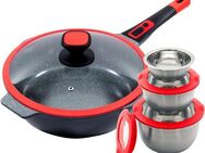 KING Bratpfanne Click-Grip, Aluminiumguss (Set, 8-tlg., 3 Ø17.5 Ø14.5cm Ø12cm mit Deckeln, 1 Pfanne Ø32cm mit Glasdeckel), Induktion, mit Glasdeckel, abnehmbarer Pfannengriff, 32 cm