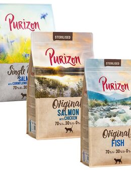 Gemischtes Sparpaket Purizon 3 x 2,5 kg - Sterilised Adult Lachs mit Huhn, Single Meat Lachs, Sterilised Adult Fisch