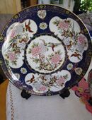 Porzellan Deko Vase und Teller Blau/Vergoldet und Vögel/Blüten (Made in Japan) in 85258