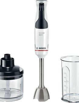 BOSCH Stabmixer ErgoMaster Serie 4 MSM4W220, 4 Klingen, Zerkleinerer, Becher, weiß, 600 W, Mixfuß Edelstahl, großer Bedienhebel, Keramikkupplung, Made in Europe