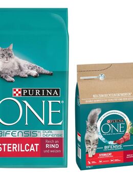 2,8 kg gratis! 2,8 kg + 9,75 kg PURINA ONE Trockenfutter - 9,75 kg + 2,8 kg SterilCat Rind