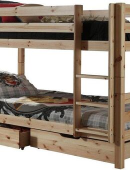 Vipack Etagenbett Pino, Kiefer massiv, sehr standfest, Made in Europe (B/H/T ca. 210x140x105cm, inkl. Rolllattenroste, Absturzschutz), inkl. Leiter und 2 Schubladen, wahlweise Ausf. Weiß oder Natur