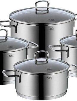 Silit Topf-Set Alicante Induktions Töpfe Set mit Glasdeckel poliert, Edelstahl 18/10 (Set, 8-tlg., Bratentopf mit Deckel Ø 20 cm, Fleischtopf mit Deckel Ø 16/20/24 cm), unbeschichtet, ohne Skalierung, für alle Herdarten geeignet