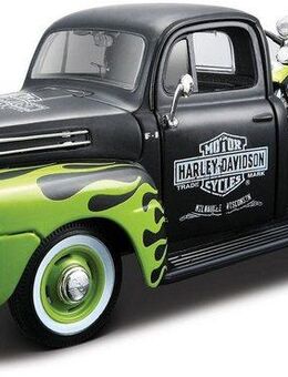 Maisto® Sammlerauto Ford F1 '48 + FL Panhead '48, 1:24, schwarz/grün, Maßstab 1:24, (Set, 2-tlg), aus Metallspritzguss