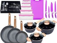 KING Topf-Set »ESSENTIAL« Aluminium, Induktion, Antihaftbeschichtung, Aluminiumguss (Set, 55-tlg., 2 Töpfe, 1 Stieltopf, 3 Glasdeckel, 1 Besteck-Set + Etui), 3 Pfannen, 4 Küchenmesser, 1 Schneidebrett, 5 Vorratsdosen mit Deckel