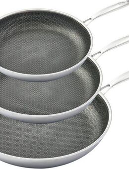 HENSSLERS Pfannen-Set, Edelstahl (Set, 3-tlg., 1x Bratpfanne Ø 20 cm, 1x Bratpfanne Ø 24 cm, 1x Bratpfanne Ø 28 cm), 3-Schicht Material, Wabenstruktur und Antihaftbeschichtung, Induktion