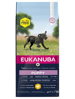 3 kg gratis! 18 kg Eukanuba Breed Huhn - Puppy Large