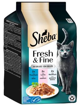 Megapack Sheba Fresh & Fine Frischebeutel 12 x 50 g - Thunfisch, Lachs & Weißfisch in Gelee