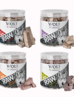Sparpaket Wolf of Wilderness - RAW Snacks (gefriergetrocknet) - Mix: Rinderleber 90 g, Entenhälse 90 g,, Hühnerherzen 70 g, Lammlunge 50 g
