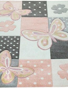 Paco Home Kinderteppich Cosmo 220, rechteckig, Höhe: 12 mm, 3D-Design, Patchwork Muster, niedliches Motiv Schmetterlinge & Punkte