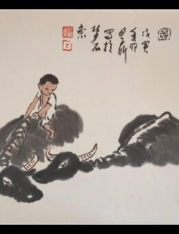 "Der Junge auf dem Wasserbüffel " von Prof.Kuang Xu (1940-1999)42x28cm Tusche und Farben auf Xuan Papier - Altensteig Zentrum