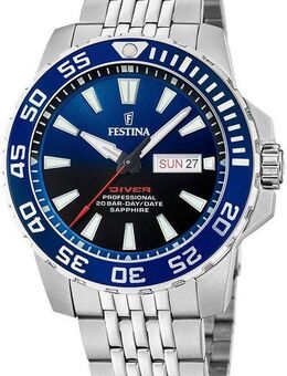 Festina Quarzuhr Diver Collection F20661/1, Armbanduhr, Herrenuhr, Quarzuhr, Edelstahlarmband, Datum, Saphirglas