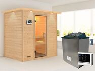 Karibu Sauna "Sonja" mit Klarglastür und Kranz Ofen 9 KW externe Strg modern, BxTxH: 224 x 160 x 202 cm, 38 mm