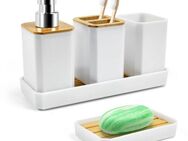 Coonoor Badaccessoire-Set Badezimmer Set 5 Teile, Bambus und PS Zahnbürstenhalter, Zahnputzbecher, Seifenspender, Seifenschale Schminktablett Dekorative