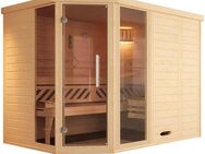 weka Sauna Design-Sauna KEMI Eck 2, BxTxH: 245 x 195 x 200 cm, 45 mm, Blockbohlen, vorgef. Elemente, Fensterelement, mod. Ganzglastür