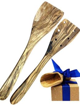 Olivenholz-erleben Kochbesteck-Set 1x Pfannenwender (ohne Löcher) und 1x Pfannenwender (mit Löchern) (Set, 2-tlg., plus Überraschung), aus Olivenholz, hitzebeständig und schonend zu Pfannen