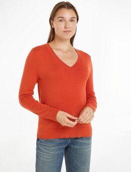 Tommy Hilfiger V-Ausschnitt-Pullover CO JERSEY STITCH V-NK SWEATER mit V-Ausschnitt und Ripp unifarben, casual, regular fit, Baumwollmix, V-Ausschnitt