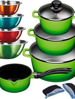 KING Topf-Set ALUGUSS, Aluminiumguss (Set, 13-tlg., je 1 Kochtopf 16/20/24 cm, 1x Stieltopf 16 cm, 4 Schüsseln, Grips), Glasdeckel,Induktion,Keramikantihaftbeschichtung