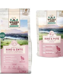 Wildes Land Cat Kombi-Paket: 12 x 100 g Nassfutter + 1,2 kg Trockenfutter - Rind & Pute mit Cranberries 12 x 100 g + Rind, Ente & Gartengemüse 1,2 kg