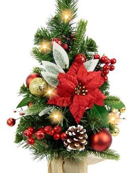 I.GE.A. Künstlicher Weihnachtsbaum Geschmückter Tannenbaum Poinsettia mit LED-Licht, Im Topf Christstern Christbaumkugeln Zapfen Weihnachtsdeko Christbaum