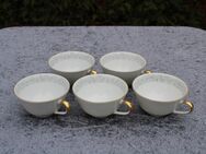6 weiße Porzellan Teetassen THURINGIA von KAHLA / grau gemustert / Goldrand - Zeuthen
