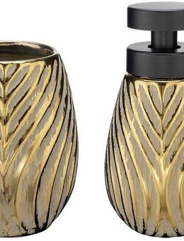 WENKO Badaccessoire-Set Modell Idro Gold, 2 tlg., Seifenspender und Zahnputzbecher, Keramik, Linien-Struktur