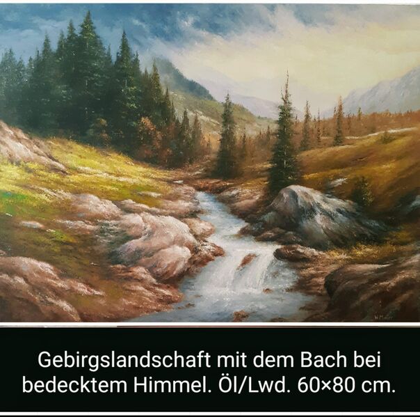 Gebirgslandschaft mit dem Bach und Bäumen bei bedecktem Himmel. - Nürnberg