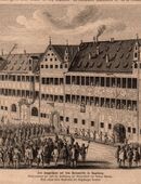 Alte Grafik : Das Fuggerhaus auf dem Weinmarkt in Augsburg ., Bayern , Huldigung der Bürgerschaft , Blattgröße 22cm x 21cm , M400 in 02828