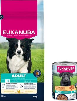 15 kg Eukanuba Premium Nutrition + 3 x 400 g passendes Nassfutter gratis! - 15 kg Adult Medium Breed Huhn + 3 x 400 g Adult Pute mit Karotten