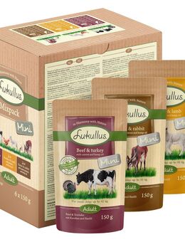 6 x 150 g Lukullus Naturkost Mini Mix Adult Frischebeutel - Mixpaket (3 Sorten)