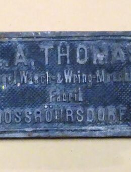 altes Firmenschild / Typenschild einer Wäschemangel, um 1900...1920 - Dresden
