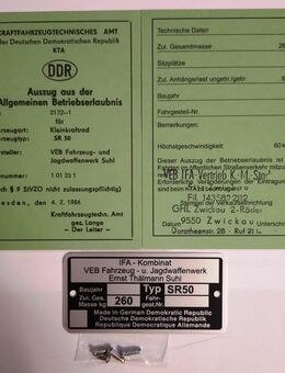 Simson SR50 SR 50 Blanko Betriebserlaubnis BE ABE Typenschild & Kerbnagel - Wittingen Zentrum