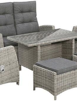 KONIFERA Garten-Essgruppe Monaco, (Set, 16-tlg., 1x2er Sofa, 2x Sessel, 2x Hocker, 1x Tisch 120x70x66cm, inkl. Auflagen), Polyrattan, Aluminium, Rückenlehne verstellbar, Grau