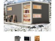 KONIFERA Saunahaus Hagen, BxTxH: 508 x 276 x 221 cm, 38 mm, (Set) terragrau, mit Ofen 9 kW Bio externe Strg easy