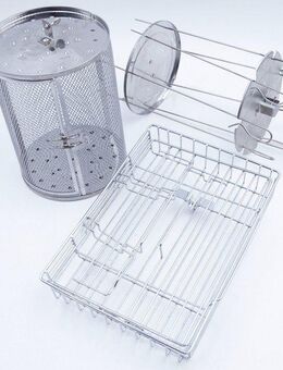 LIVINGTON Elektrogrill Rotisserie Chef Zubehör-Set, 1x Schaschlik-Set, 1x Drehkorb, 1x Fisch-Grillkorb