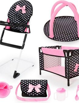 Bayer Puppenmöbel Puppen-Reisebett und Hochstuhl schwarz (Set), mit Hochstuhl, Spielbogen und Zubehör für die Puppenpflege
