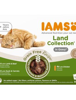 9 + 3 gratis! 12 x 85 g IAMS Advanced Nutrition Grain Free - Land Collection in Sauce
