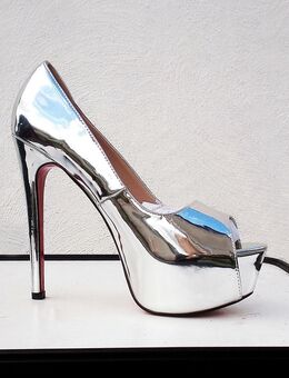 Gr. 41 - 44, sexy Plateau High Heels Peeptoe Pumps, LACK silber ( Sohle pink ) - Bruchköbel